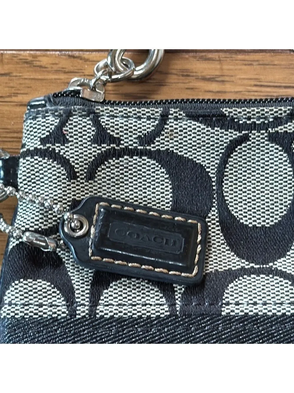 Coach Black Cream Signature Leather Small Wristlet Wallet